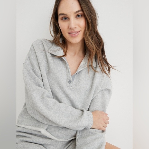 aerie Tops - Aerie gray soft fleece crop polo pullover size medium